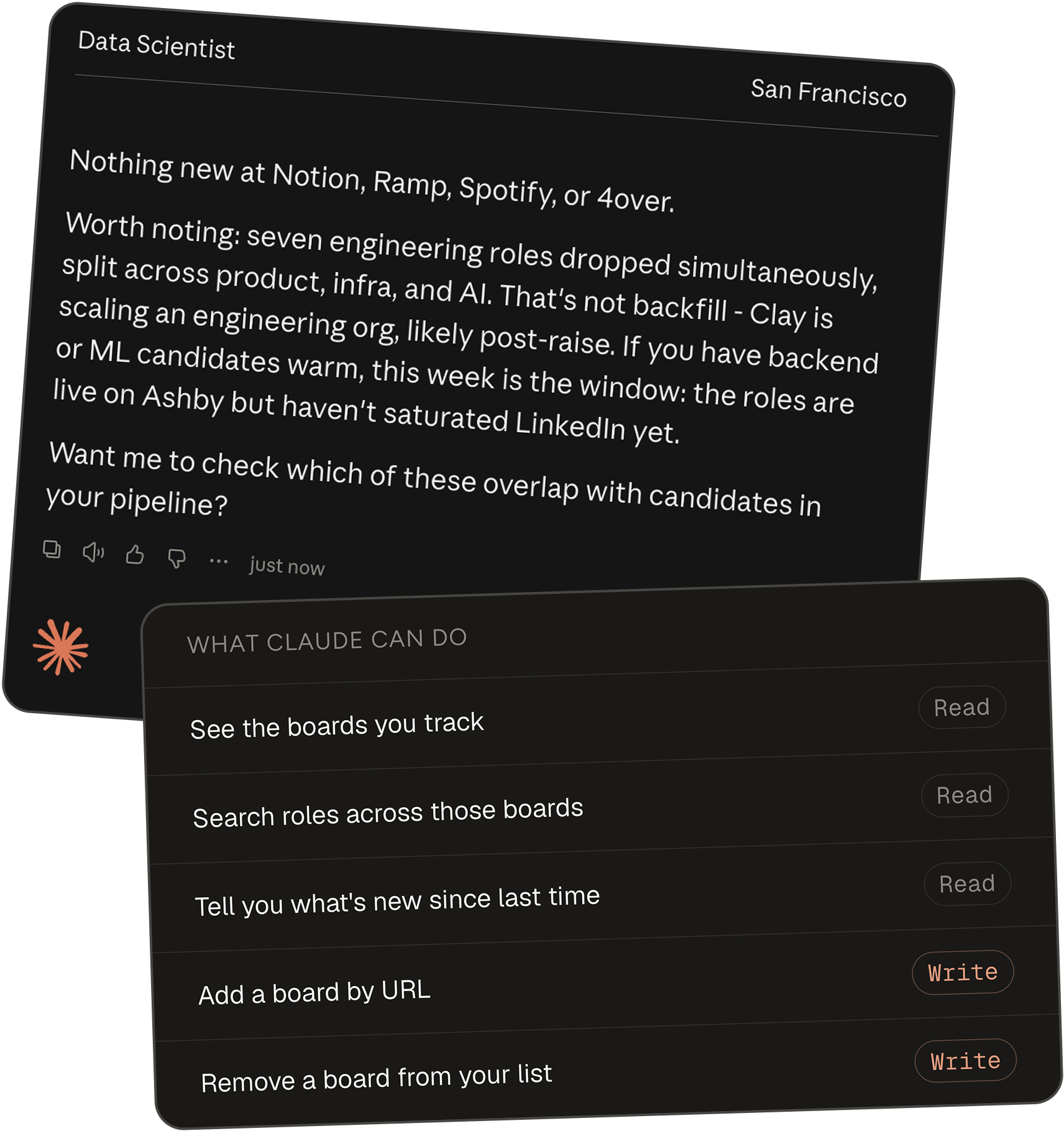 A Claude conversation reporting newly posted roles, beside a panel headed What Claude can do: See the companies you track (read), Search roles across those companies (read), Tell you what's new since last time (read), Add a company by URL (write), Remove a company from your list (write).